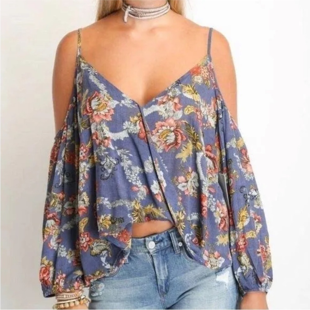 BISHOP + YOUNG BLUE ROMANTIC FLORAL BOHO COLD SHOULDER BLOUSE WOMEN'S SZ L - Picture 2 of 10